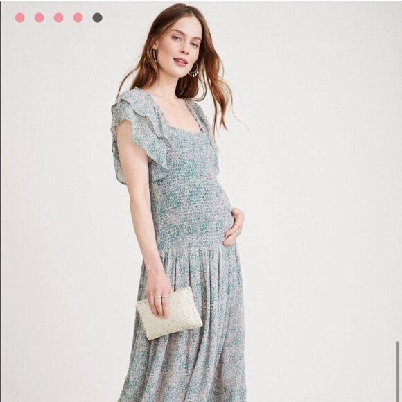 Hatch The Cosette Smocked Midi Dress Lotus Print Green Pink Size 2 M/L - Picture 4 of 12